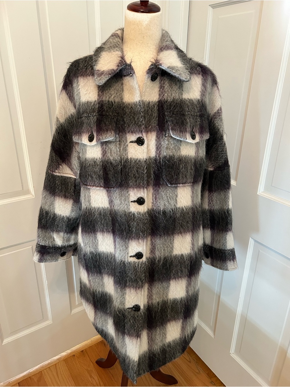 WOOLRICH Archive Plaid Wool Mohair Alpaca Coat Eggplant Gray S Quilted Italy
